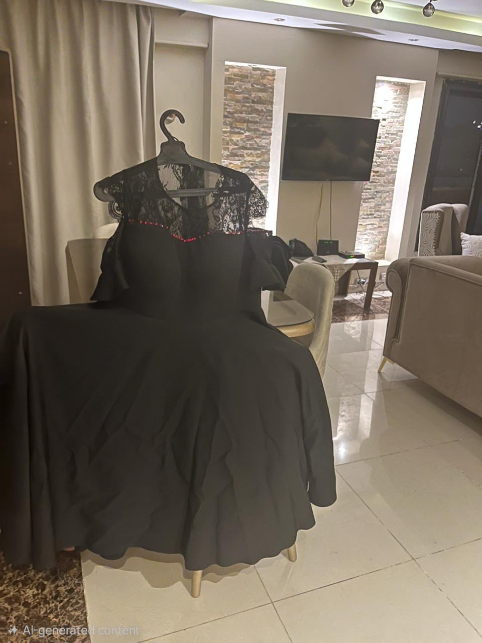 فستان أسود سادة مزين بدانتيل