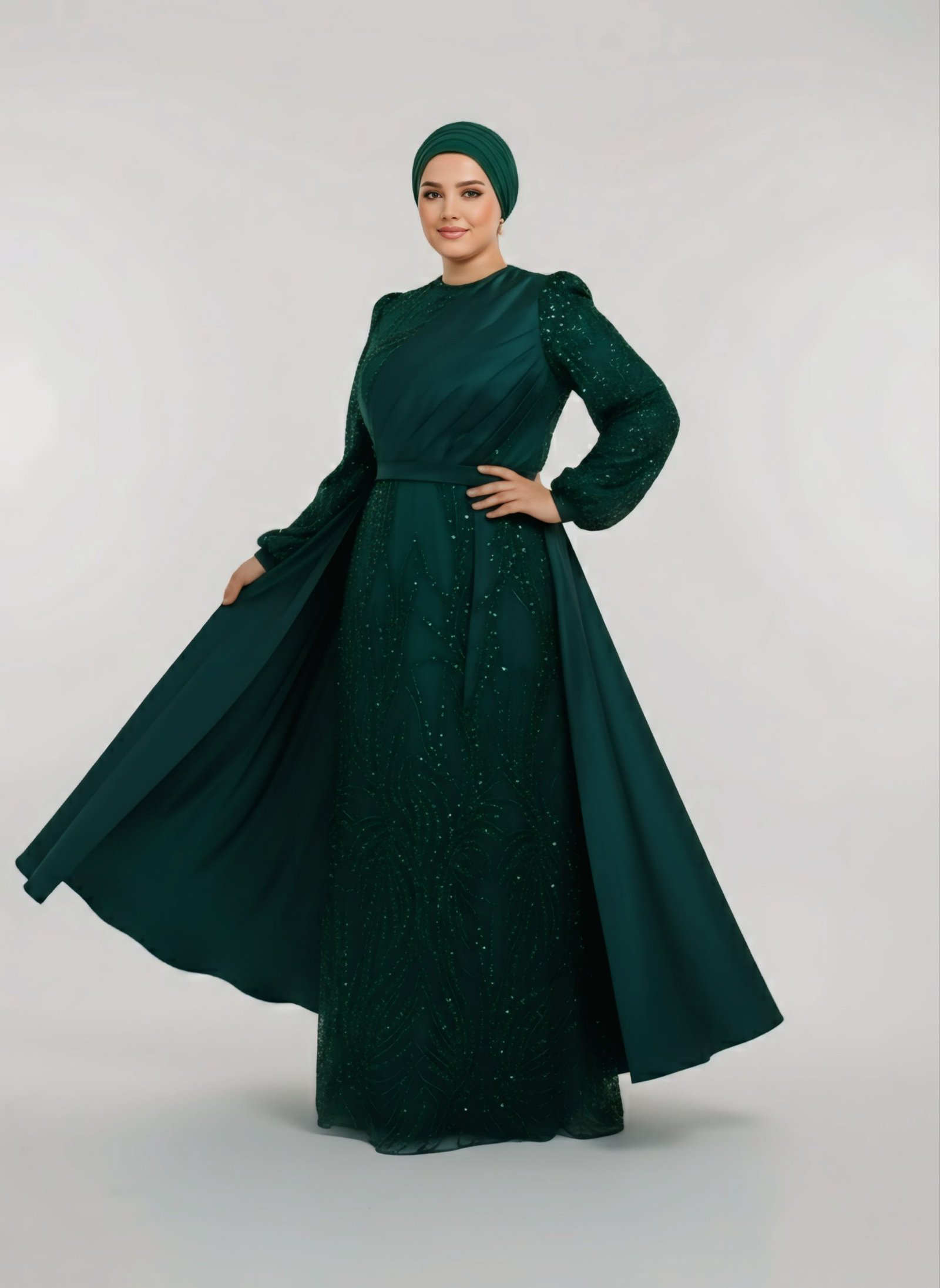 فستان سهرة محتشم باللون الأخضر الزمردي مزين بالخرز