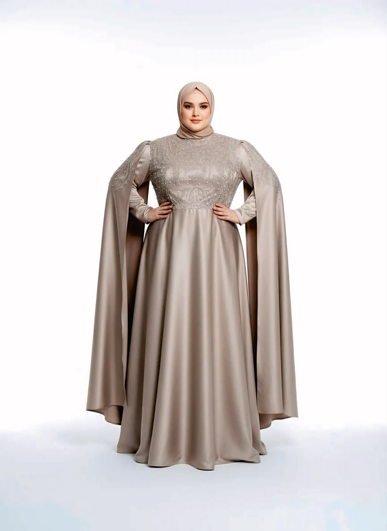 فستان سهرة محتشم بأكمام كيب أنيقة - 2