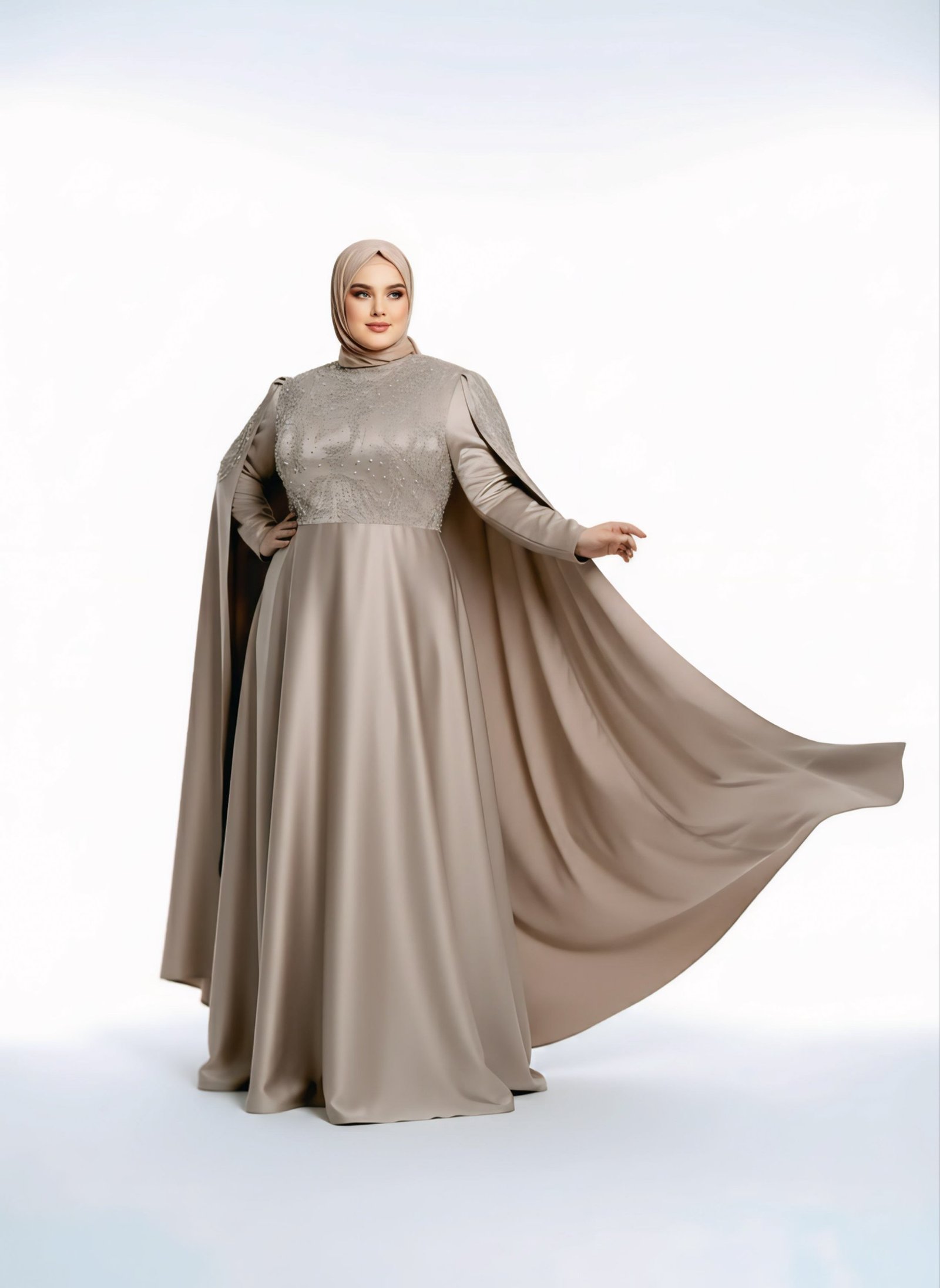 فستان سهرة محتشم بأكمام كيب أنيقة