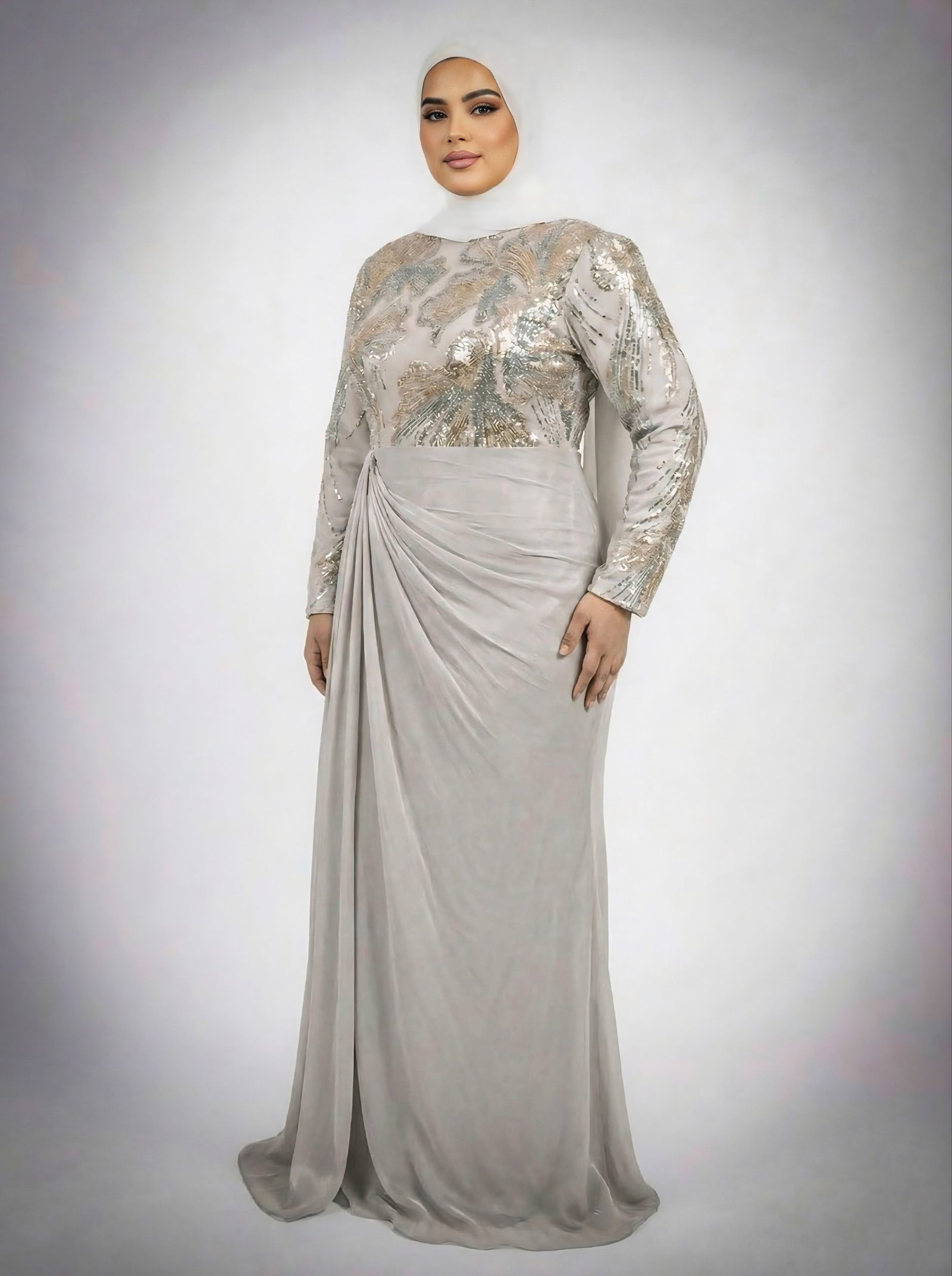 فستان سهرة من الشيفون المطرز بلون الشمبانيا - 2