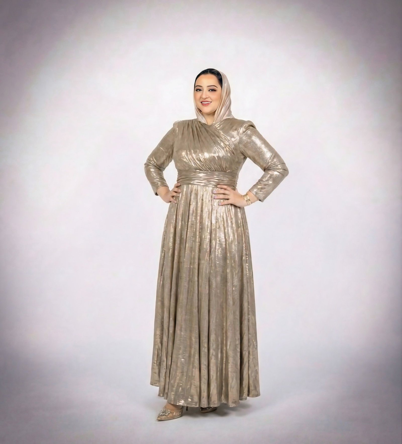 فستان سهرة طويل الأكمام بلون ذهبي معدني - 2