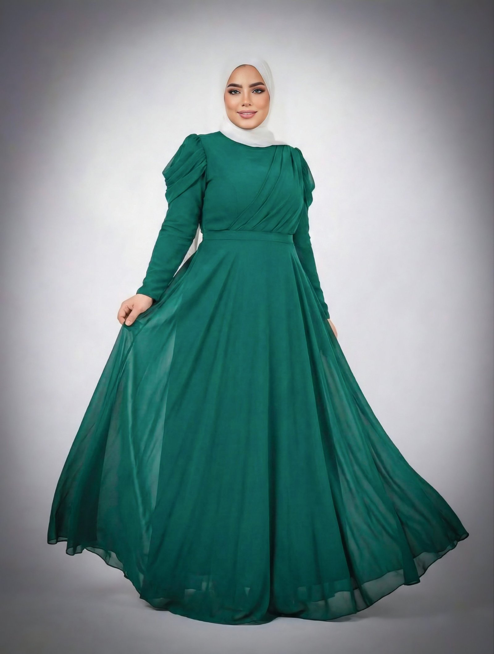 فستان شيفون طويل الأكمام باللون الأخضر الزمردي - 2