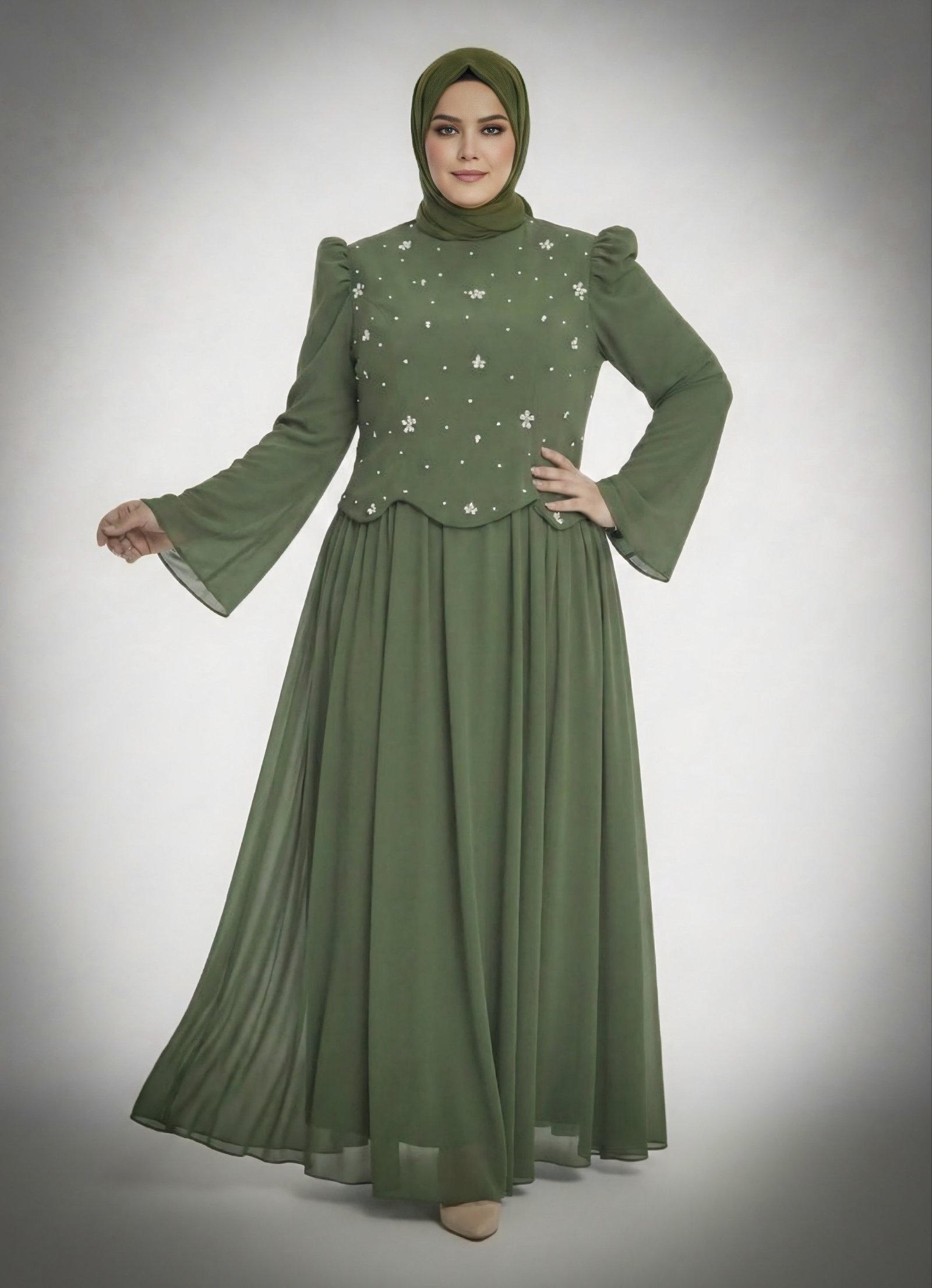 فستان شيفون مزين باللؤلؤ باللون الأخضر الزيتوني - 3