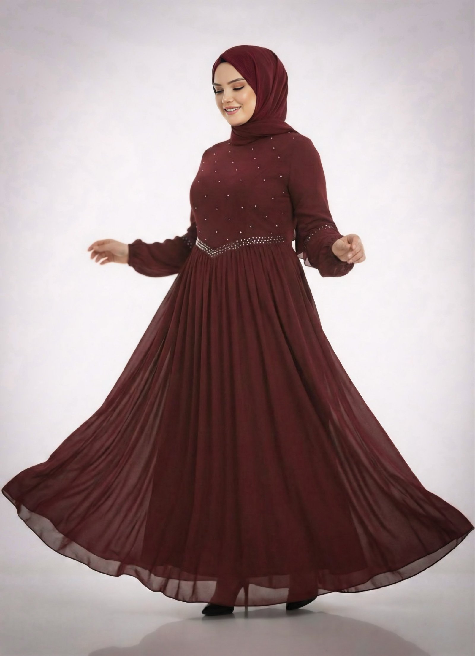 فستان سهرة مزين باللؤلؤ بلون المارون - 2